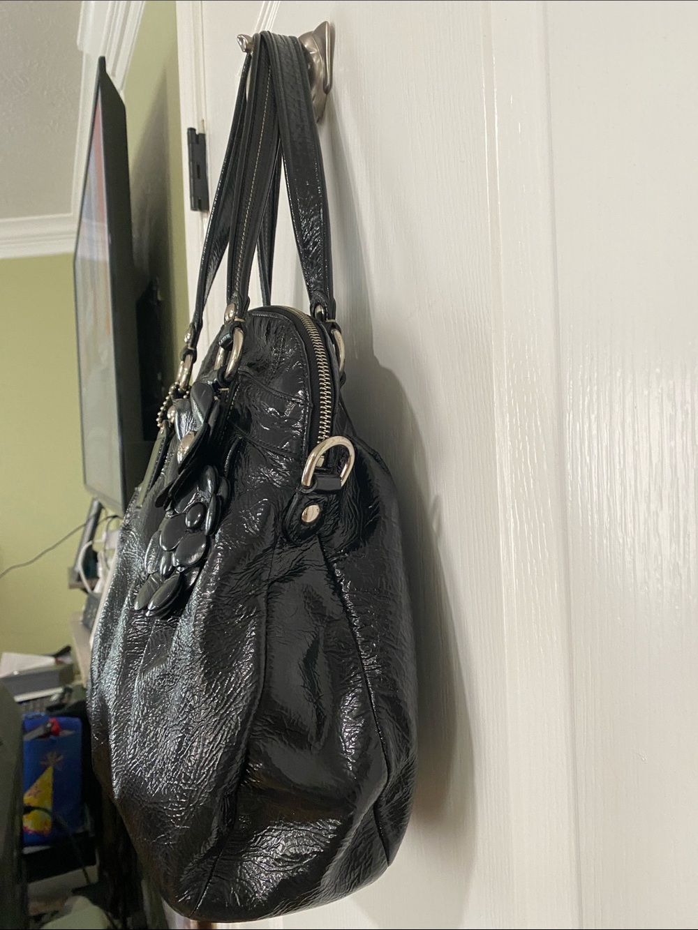 Coach Black Floral Appliqué Leather Satchel Shoulder Bag - Picture 4 of 16